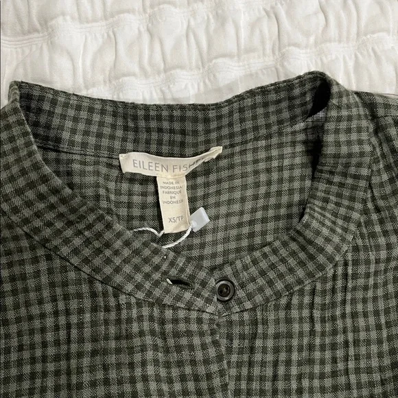Eileen Fisher Loden Green Gingham Puckered Organic Linen Dress XS NWT -  threedaughtersproperties.com